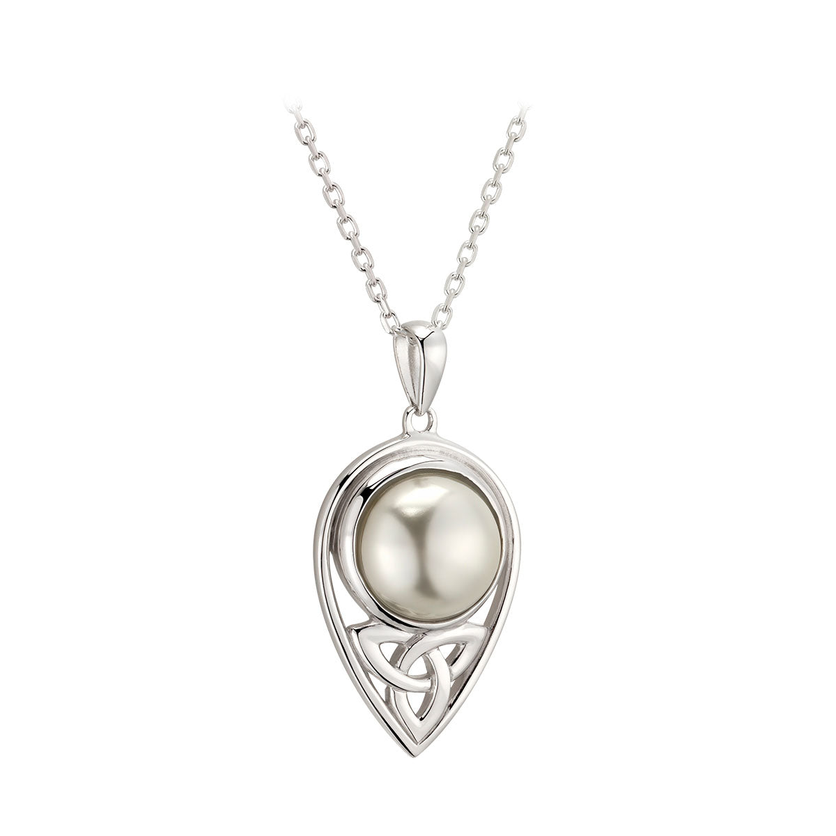 contemporary irish sterling silver trinity knot glass pearl pendant S46833 on 18 inch silver rolo chain from Solvar