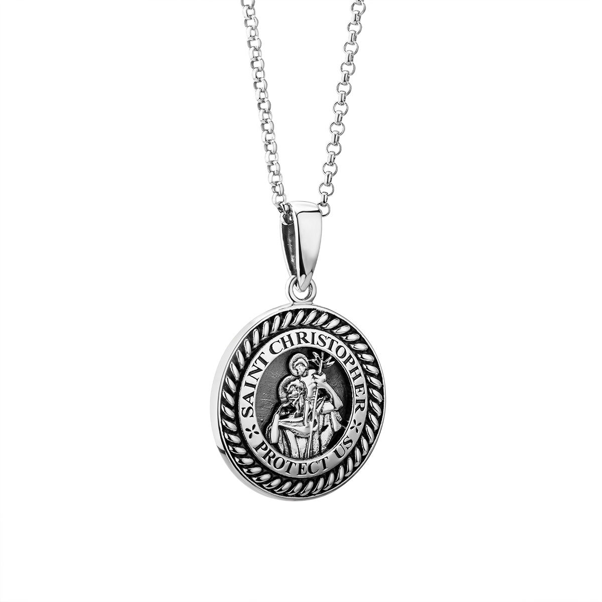 Oxidised sterling silver gents St Christopher round medal pendant S46843 from Solvar