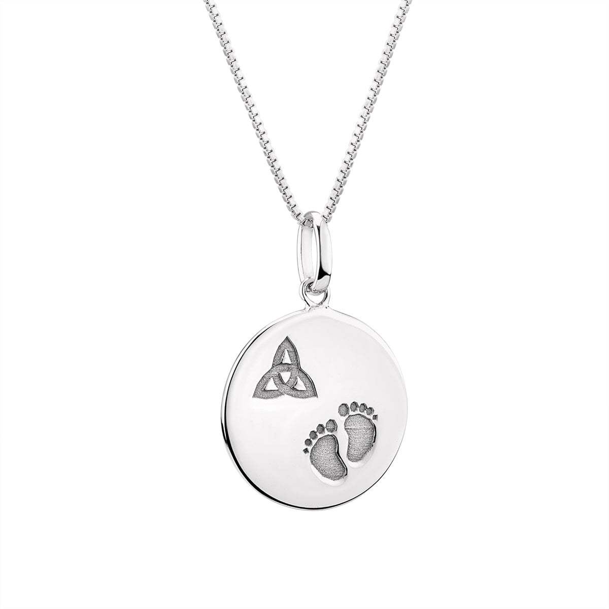 High polished sterling silver Celtic disc pendant S46890 with engraved trinity knot and baby foot from Solvar