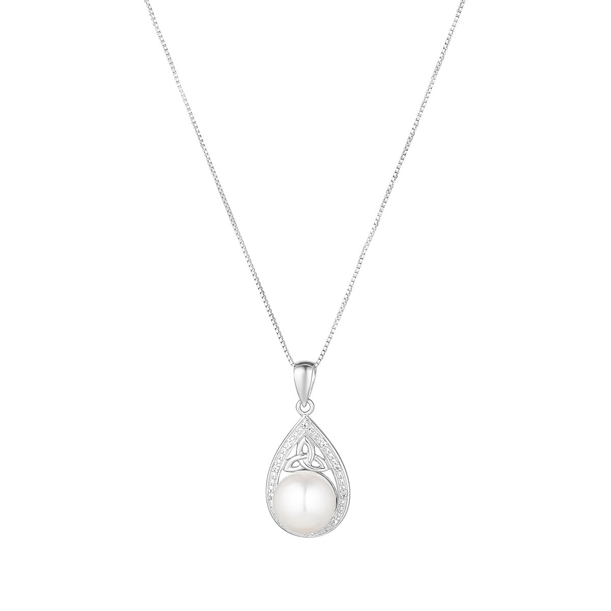 Solvar sterling silver crystal and pearl trinity knot teardrop necklace S46919