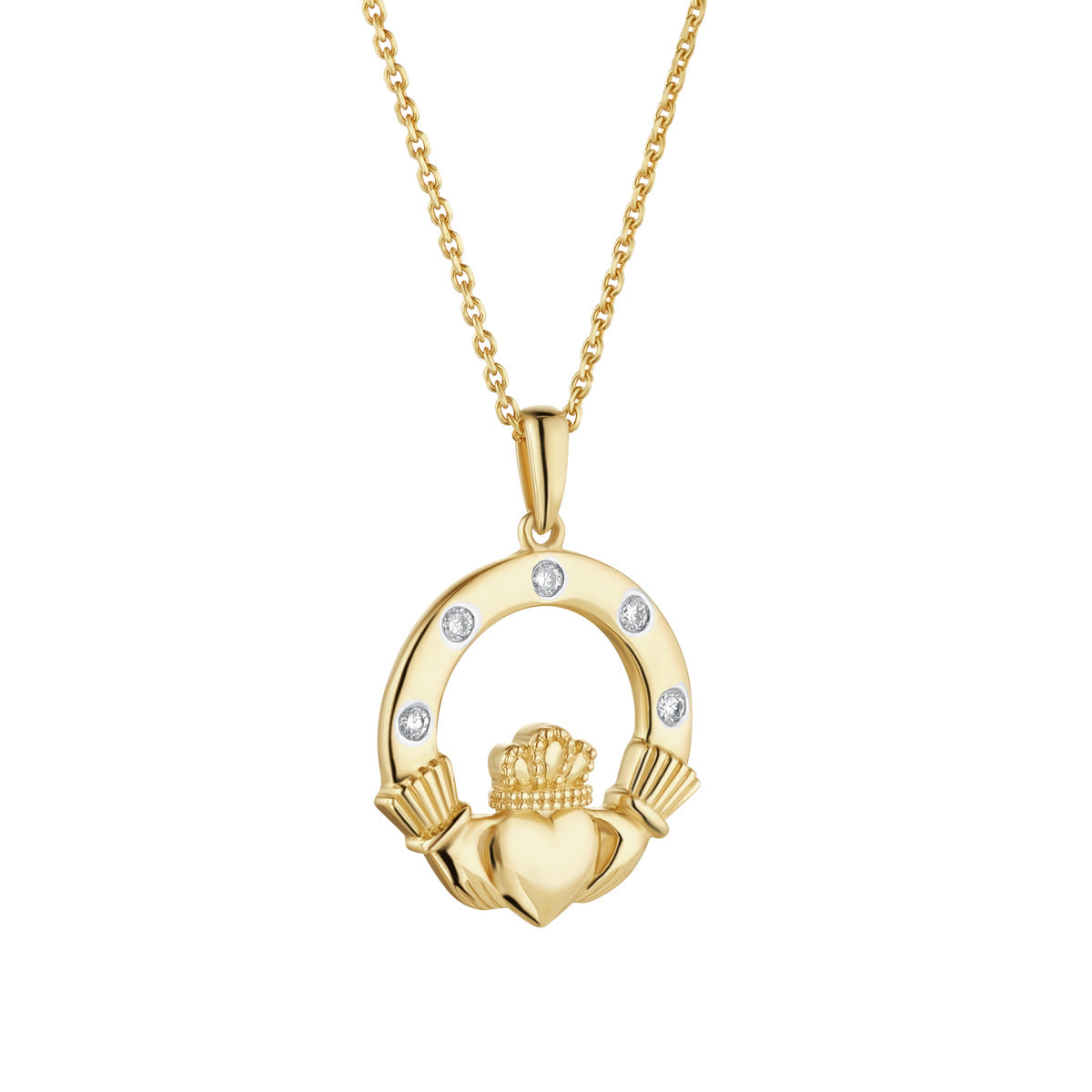 14K Gold Flush Set Diamond Claddagh Necklace S46968 from Solvar Irish Jewellery