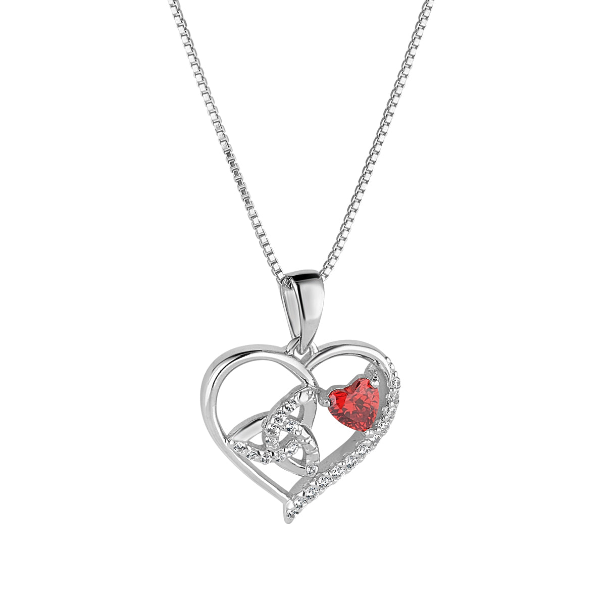 Stock image of heart shaped red crystal glass stone and Trinity Knot symbol in open heart shape Necklace S47101 from Solvar jewellery