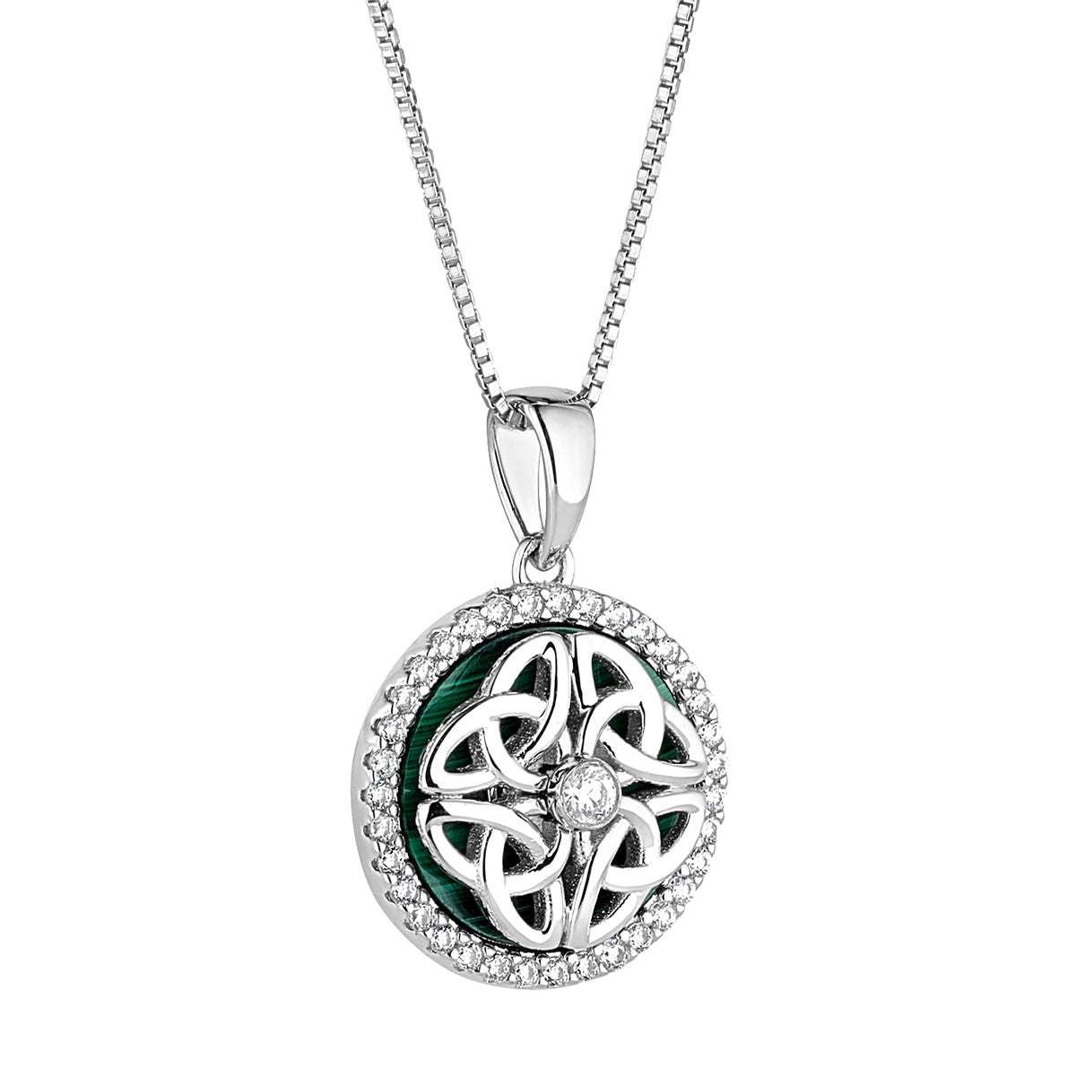 Sterling Silver Malachite & Cz Spinning round Celtic Necklace S47102 on the white background