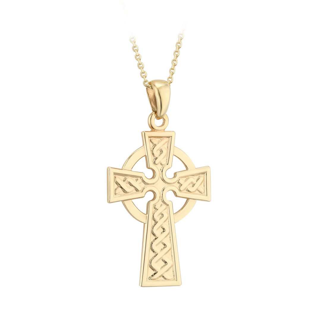 plain image of solvar 14k gold large celtic cross pendant on the white background