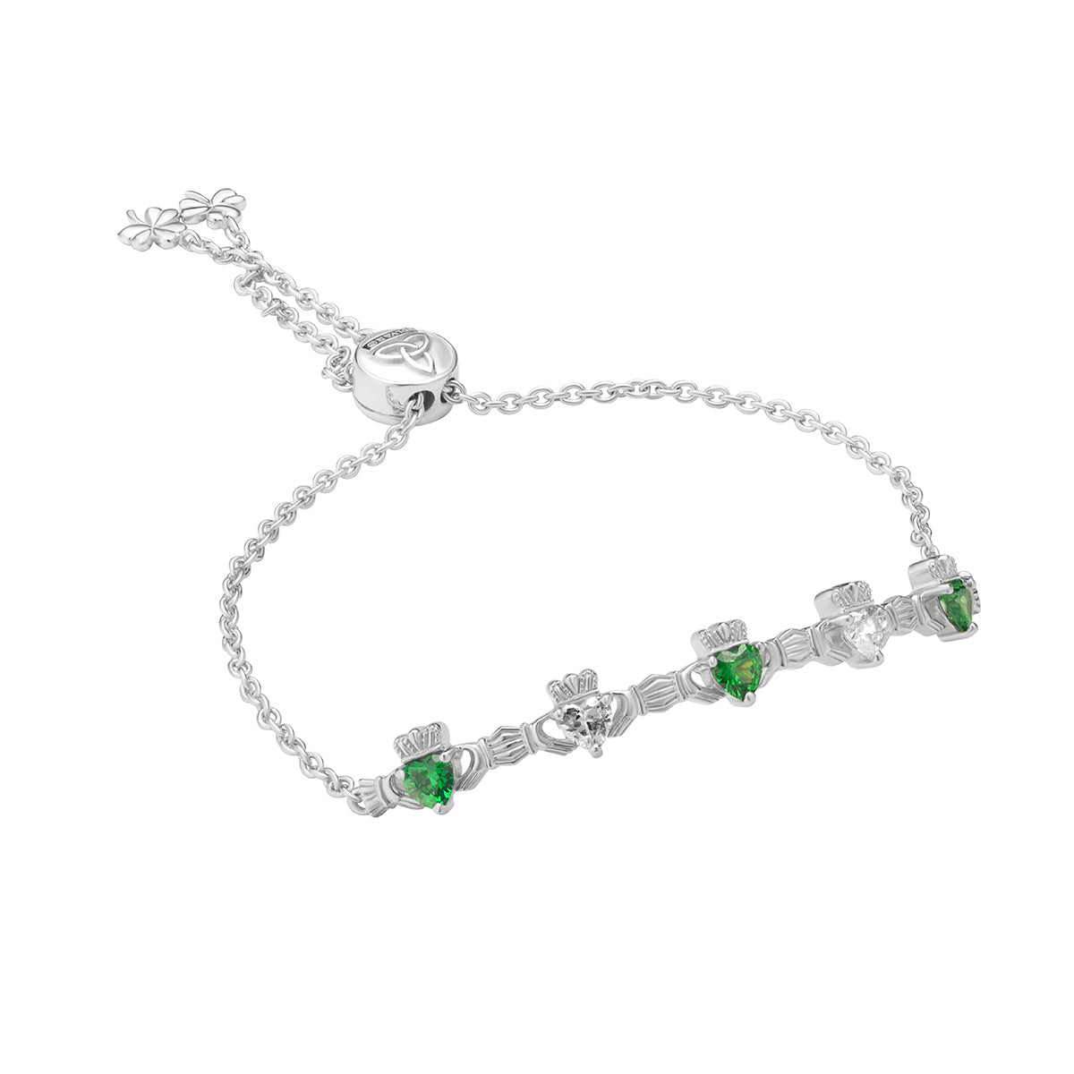 sterling silver claddagh draw string bracelet S50149 with white and green crystal glass stones at five claddagh symbols from Solvar