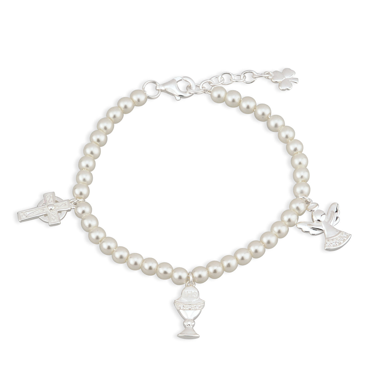 rhodium plated pearl and cross communion bracelet s5676 from Solvar