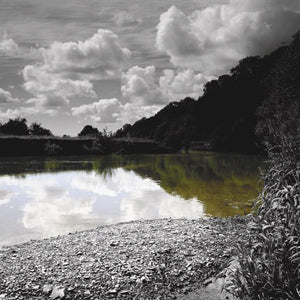 Landscape with a river rocky shore, and trees under a cloudy sky.