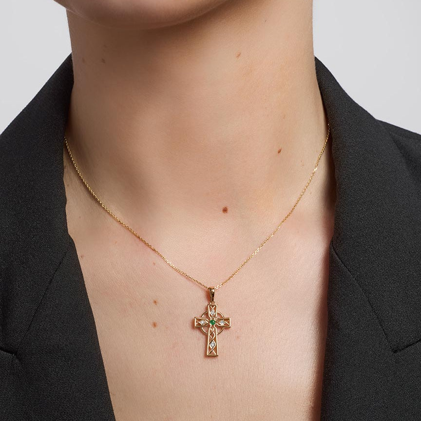 9K Gold Emarald And Cubic Zirconia Celtic Cross Pendant S44508 from Solvar on a model