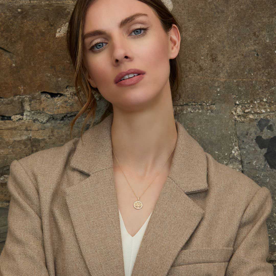 a model wearing round Celtic tree of life necklace S46894