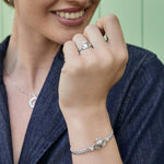 model wearing claddagh jewellery set of ring bracelet necklace and earrings