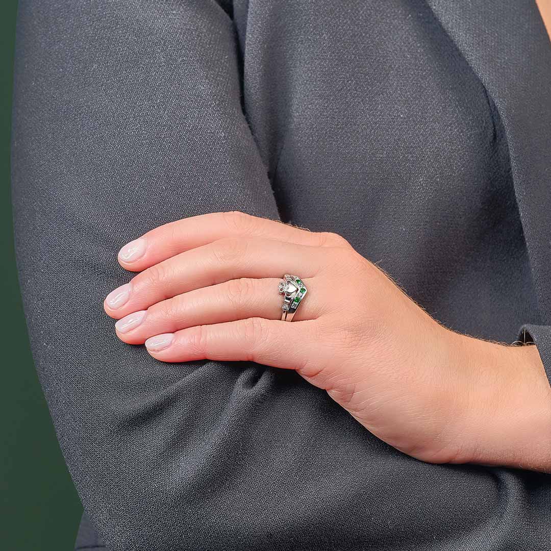 a model wearing emerald & cz Claddagh ring s2751