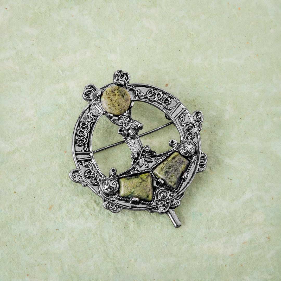 lifestyle image of Connemara marble Celtic brooch from Solvar