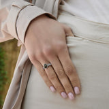 ladies green marble Celtic Knot ring on a model