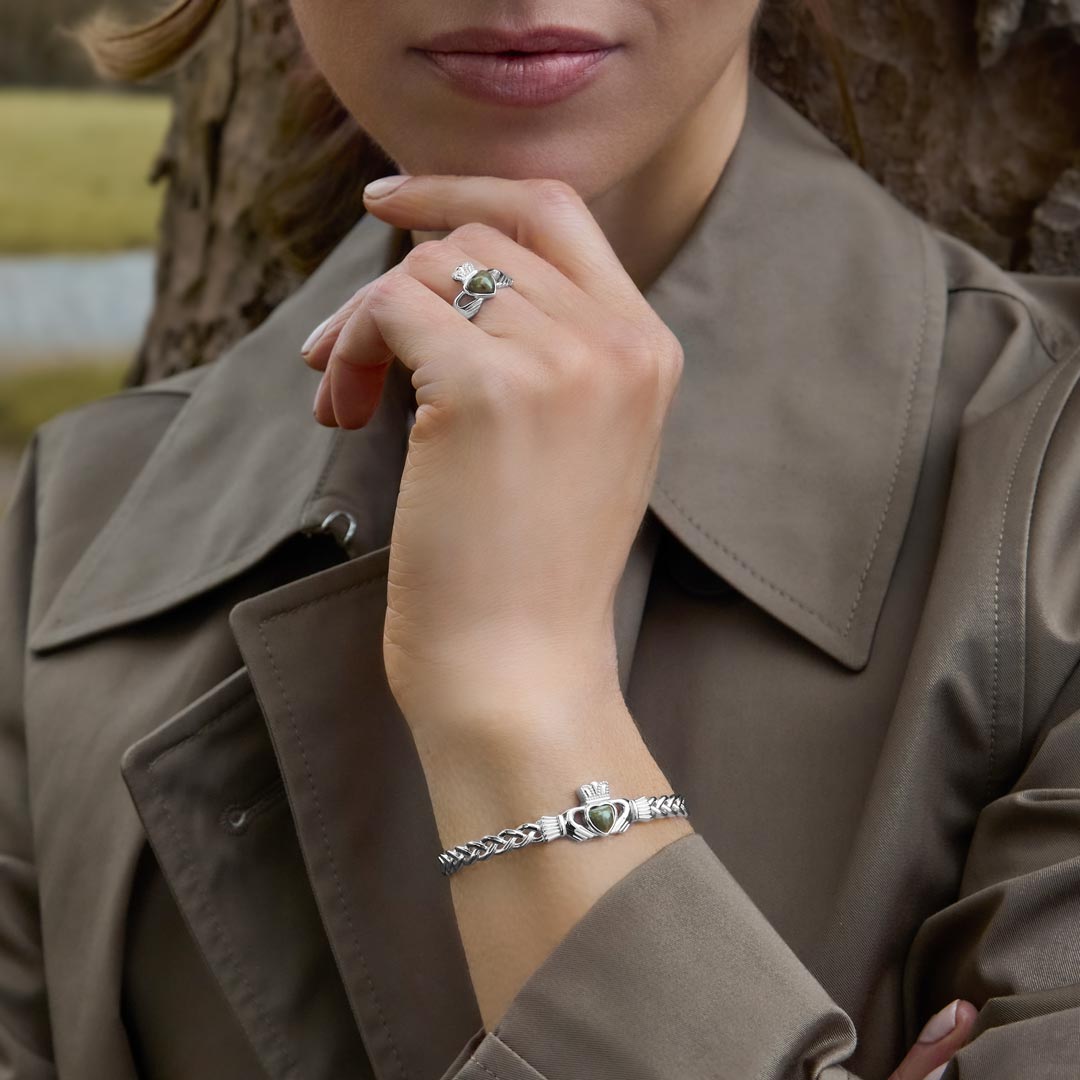 silver Claddagh draw string bracelet S50146 on a model