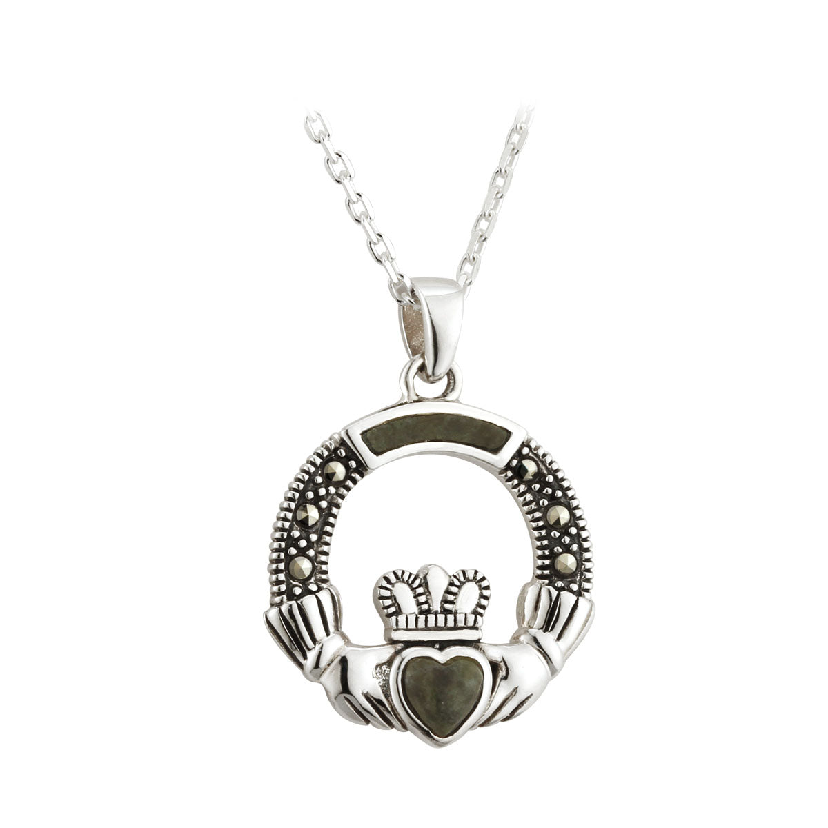 sterling silver connemara marble and marcasite claddagh pendant s45475 from Solvar