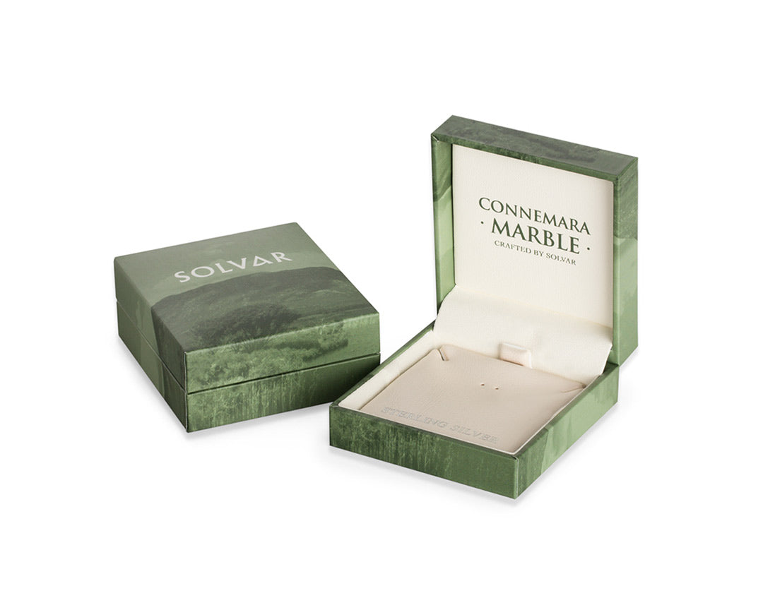regular connemara marble jewellery box with Solvar log on it