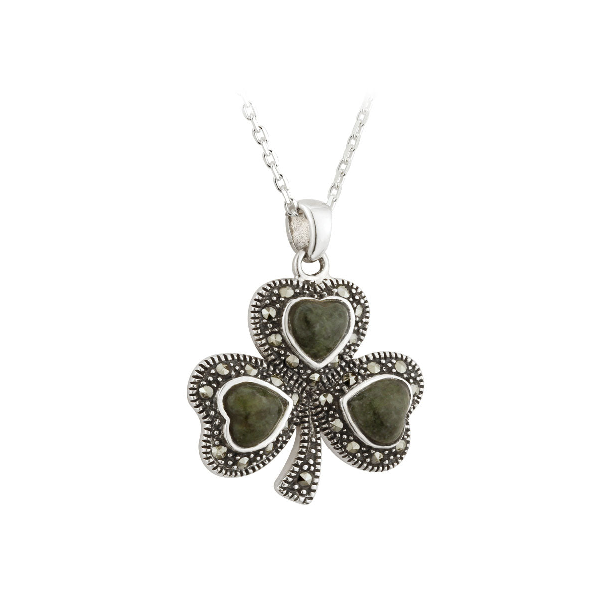 sterling silver connemara marble and marcasite shamrock pendant s45477 from Solvar