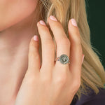 model wearing connemara marble Shamrock ring from Solvar