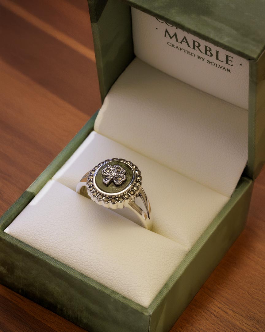 Connemara marble Shamrock ring in a branded ring box