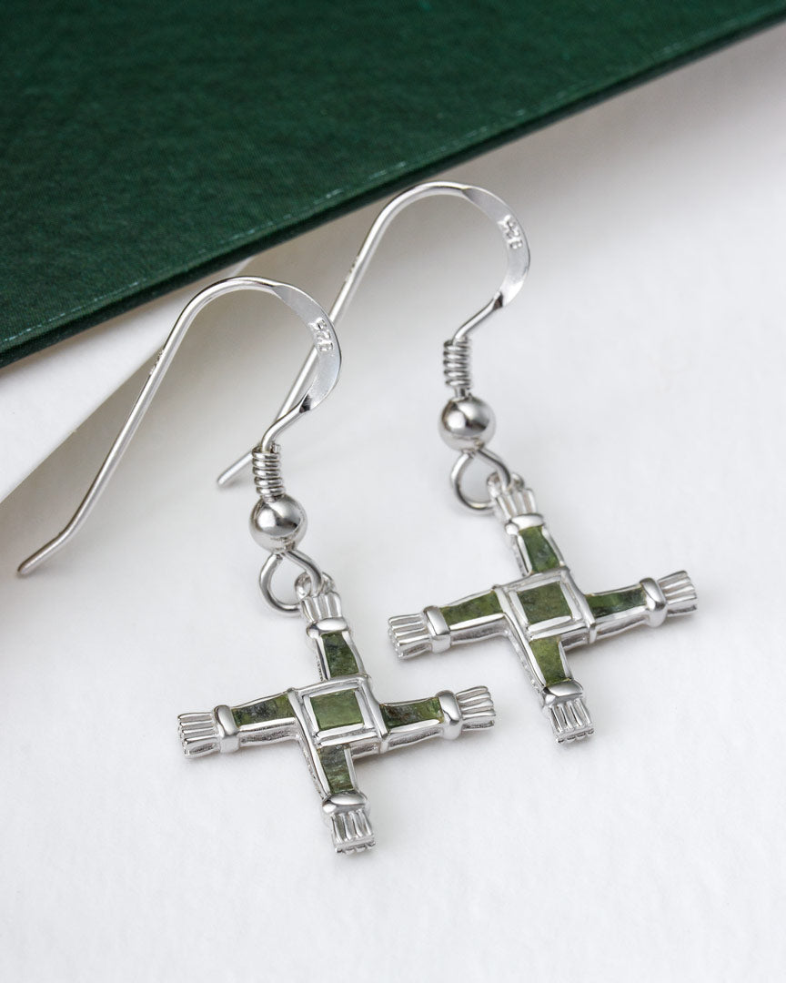 lifestyle image of Connemara marble St Brigid's Cross earrings from Solvar