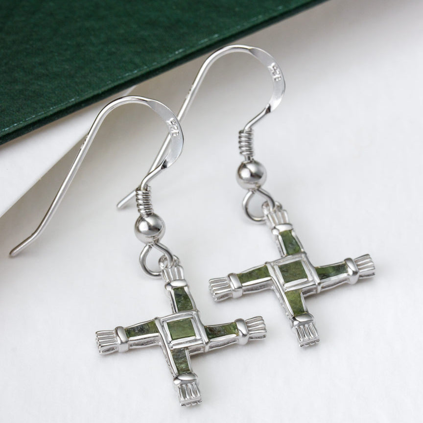 lifestyle image of Connemara marble St Brigid's Cross earrings from Solvar