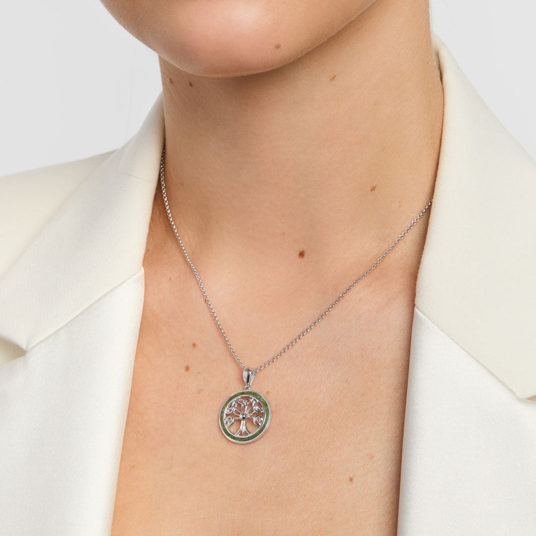 green marble Celtic tree of life pendant  on a model
