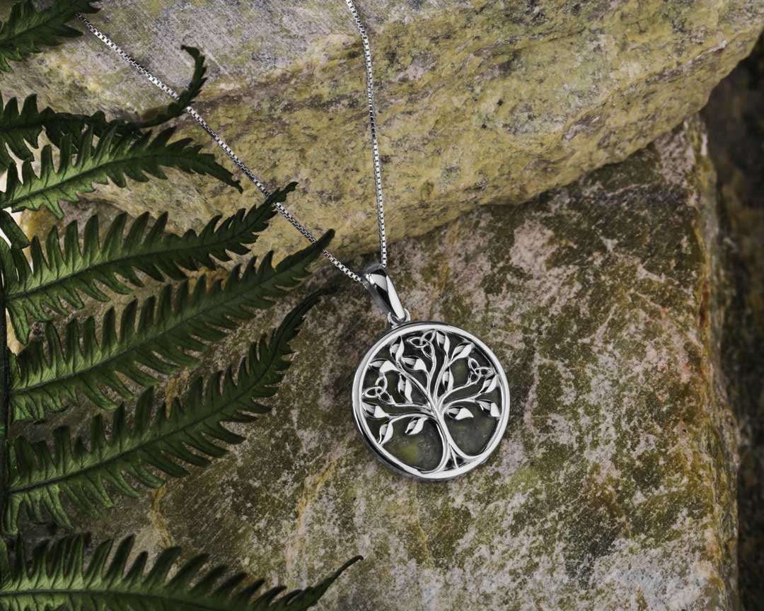 silver Tree of Life pendant on a set of green connemara marble stones