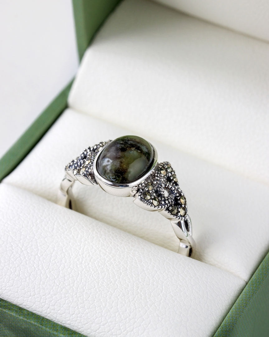 marcasite and connemara marble trinity knot ring in the ring box