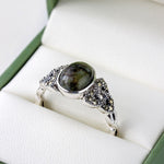 marcasite and connemara marble trinity knot ring in the ring box