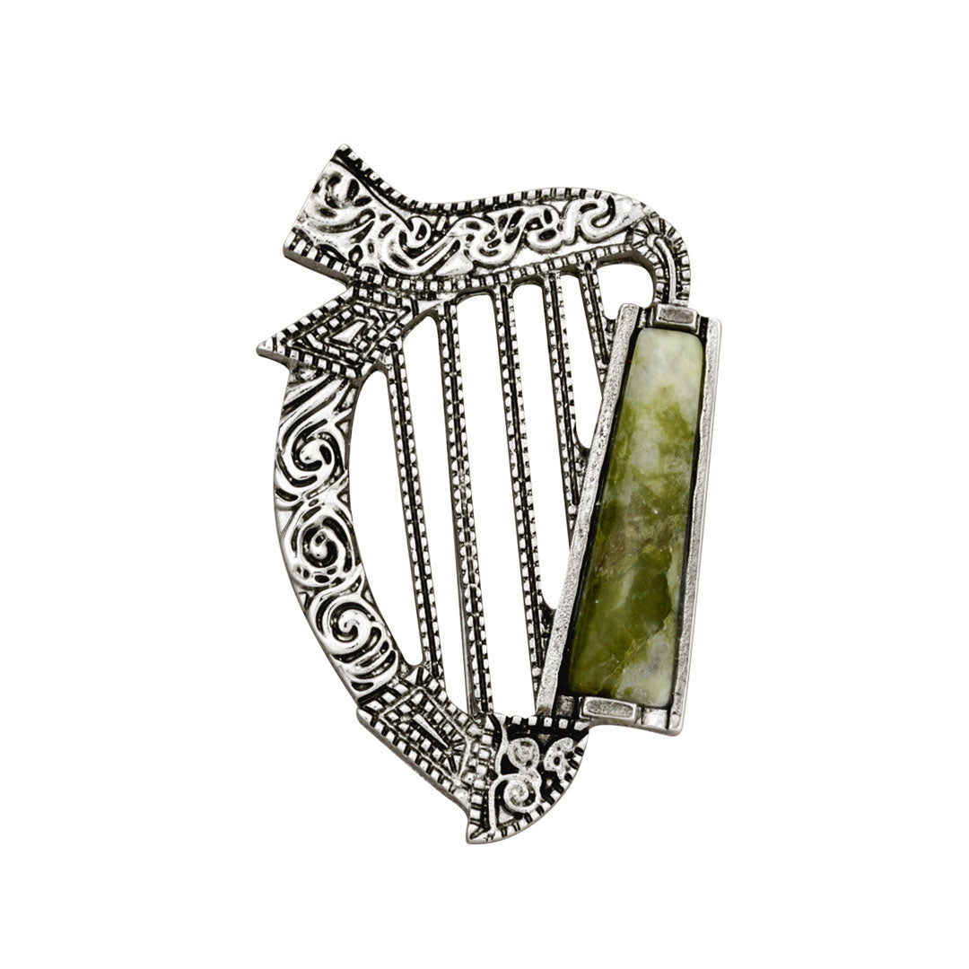 ecommerce image of Connemara marble Harp brooch from Solvar