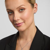 model wearing matching trinity knot earrings and pendant set in silver from Solvar Irish jewellery