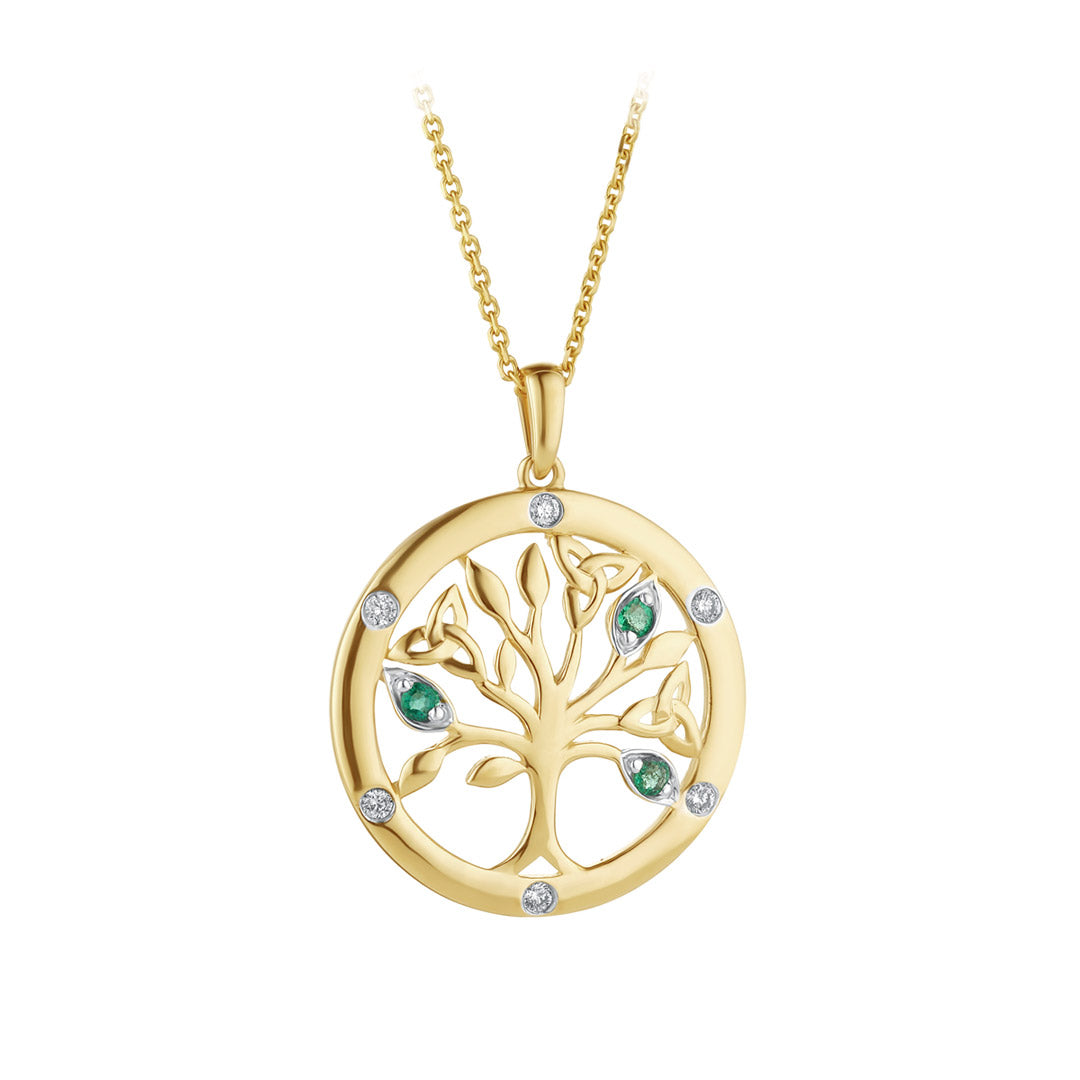 stock image of flush set diamond and emerald gold tree of life necklace from Solvar