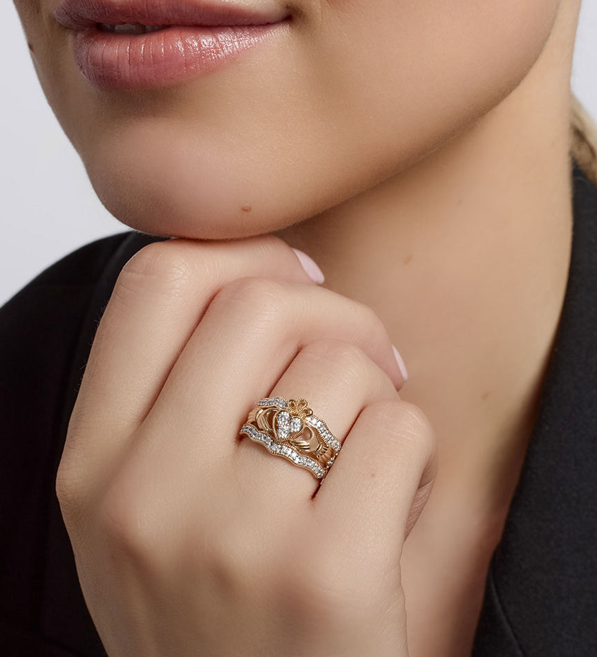 14K Gold Diamond Wide Claddagh Ring - Main Image