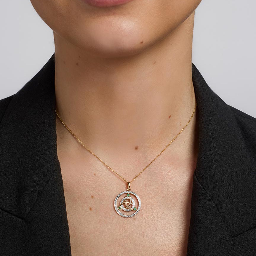  two tone gold  Round Celtic Knot Necklace S46788 on a model 1