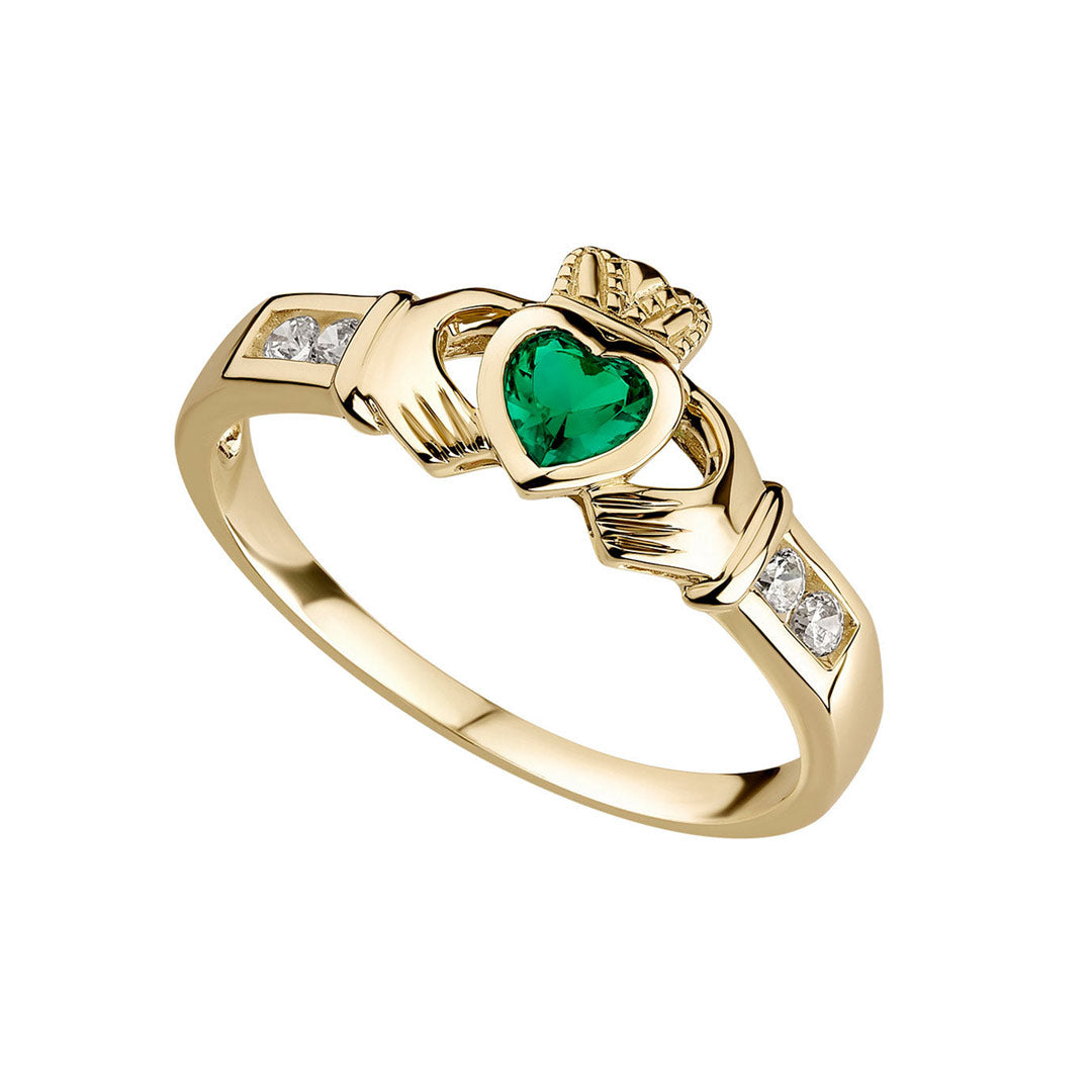 stock image of yellow gold Emerald & Cz Claddagh Ring from Solvar Jewellers
