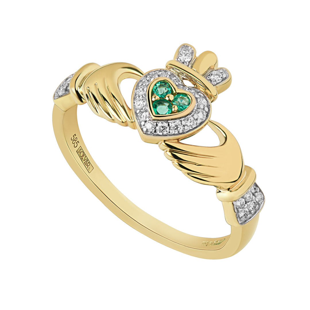 14K gold diamond and emerald set claddagh ring s2945 from Solvar