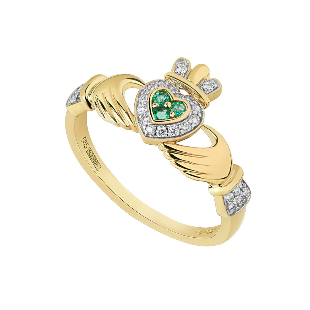 14K gold diamond and emerald set claddagh ring s2945 from Solvar