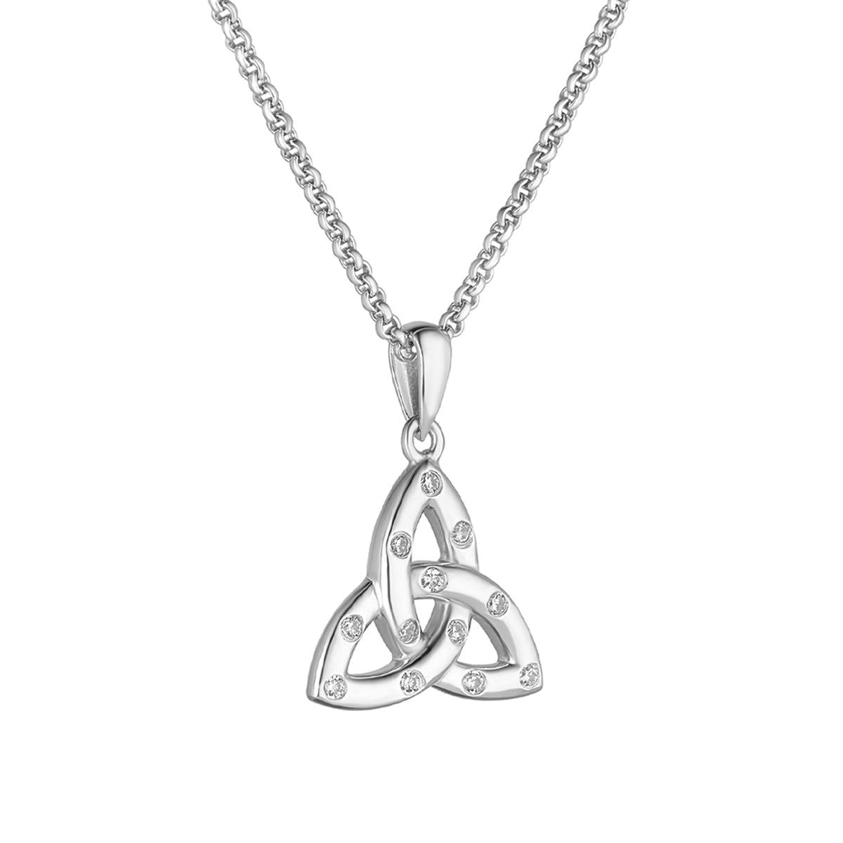 Stock image of Solvar silver flush set cz trinity knot necklace s46993 on white background