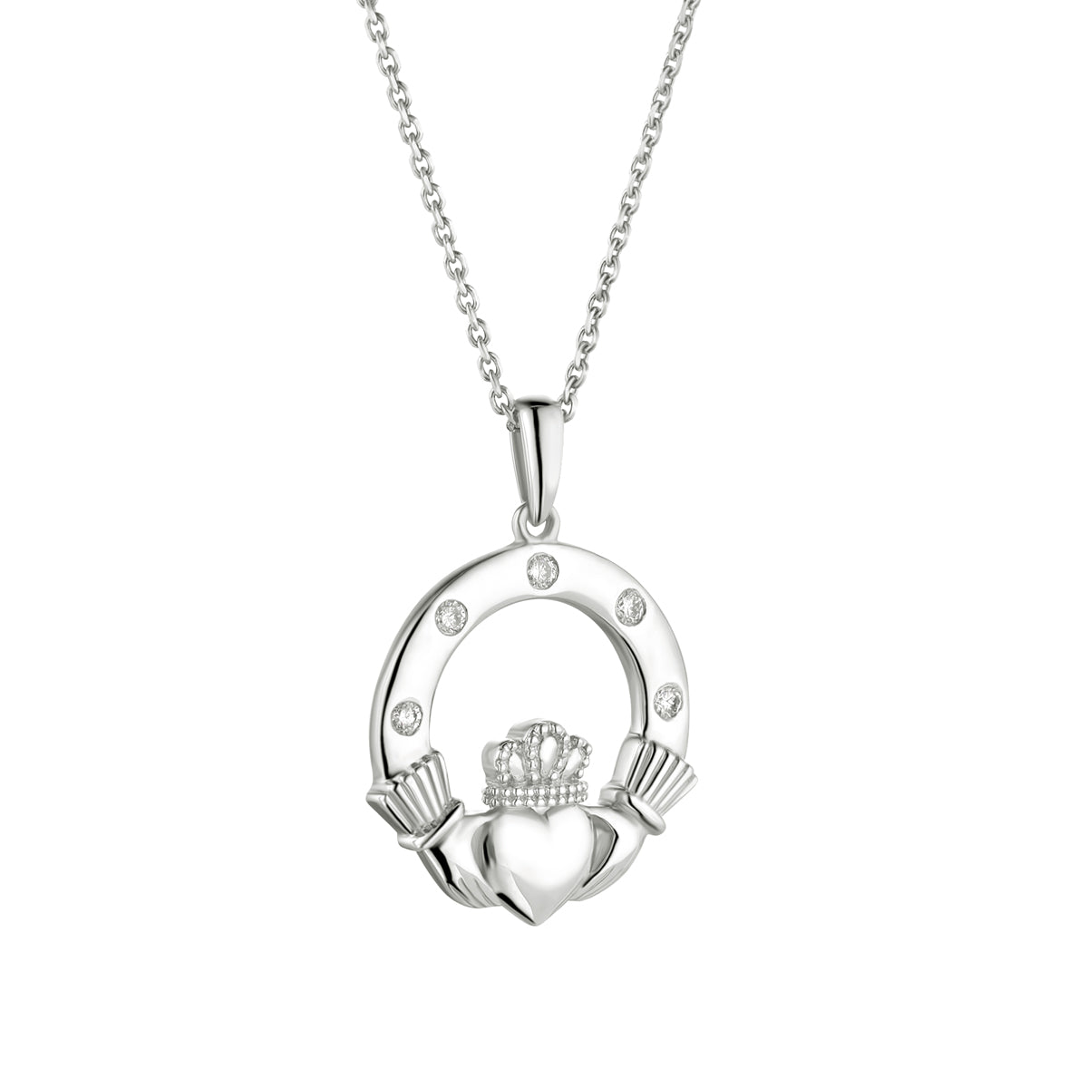 14k white gold flush set diamond Claddagh necklace S46972 from Solvar jewellery