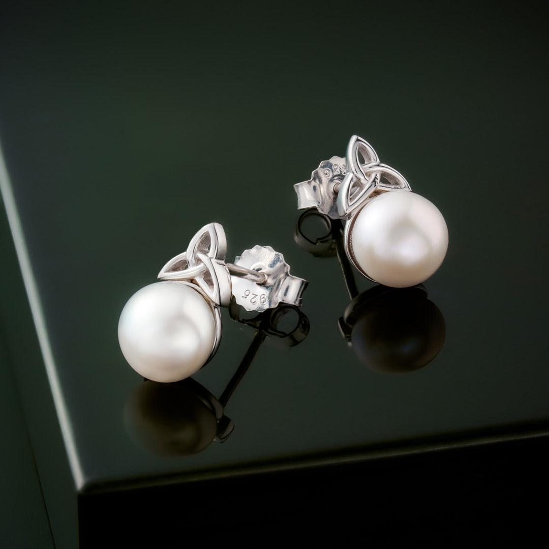 lifestyle image of freshwater pearl Trinity Knot earrings from Solvar