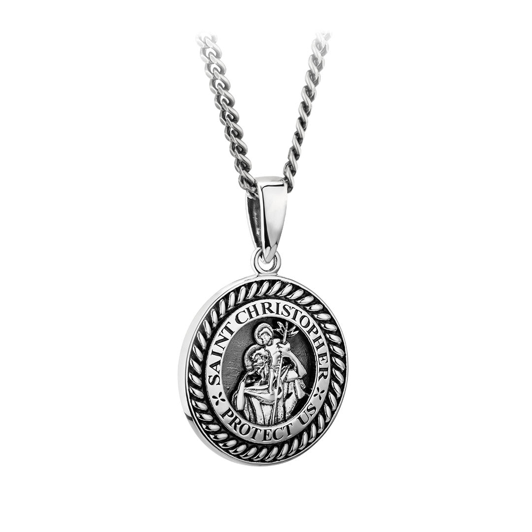 Oxidised sterling silver gents St Christopher round medal pendant S46843 from Solvar