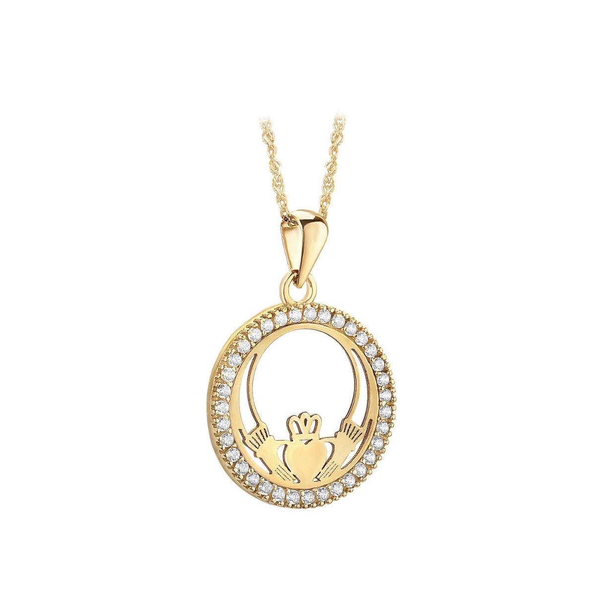 10 karat gold round Claddagh necklace S46892  framed with cubic zirconia stones from Solvar