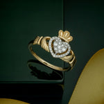 styled image of 14k gold diamond heart claddagh ring s21096 from Solvar