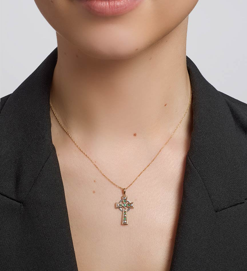 14k gold emerald celtic cross pendant s45641 from Solvar on a model