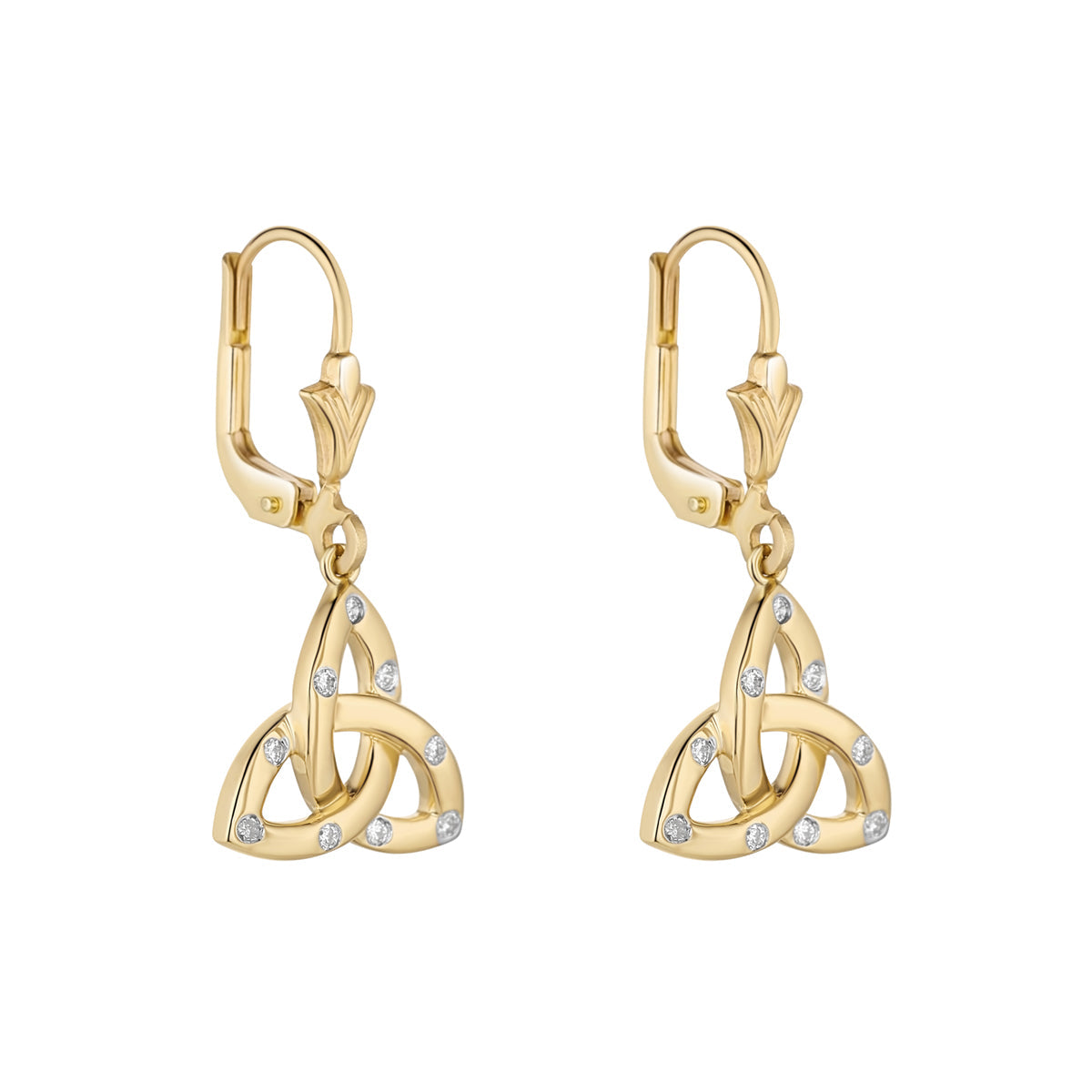 Stock image of Solvar flush set diamond trinity knot drop earrings in gold s34224