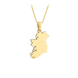 A gold necklace featuring a pendant shaped like the map of Ireland, shown against a plain white background.