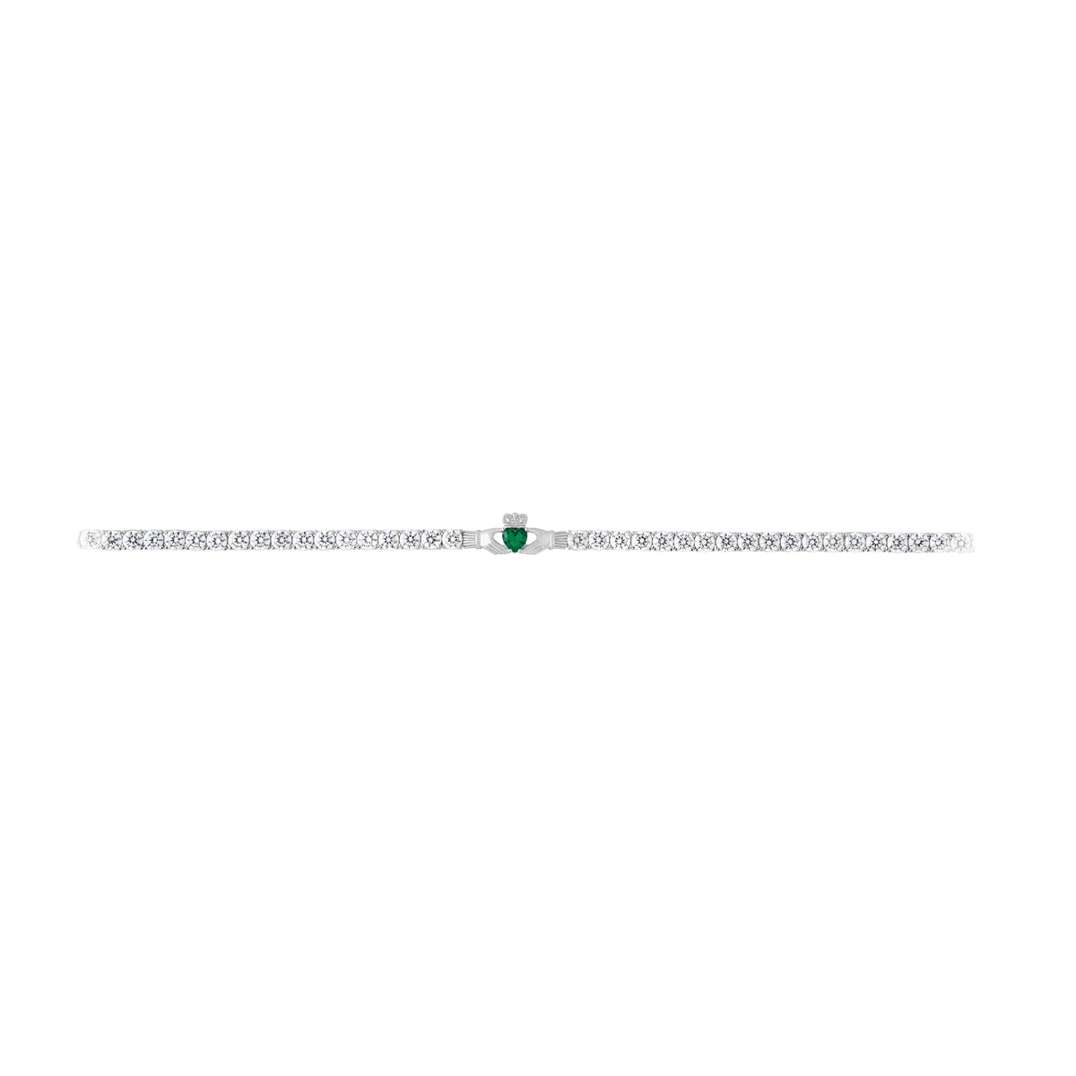 Image showcasing the green cubic zirconia  Claddagh heart tennis bracelet laid out in its open state.