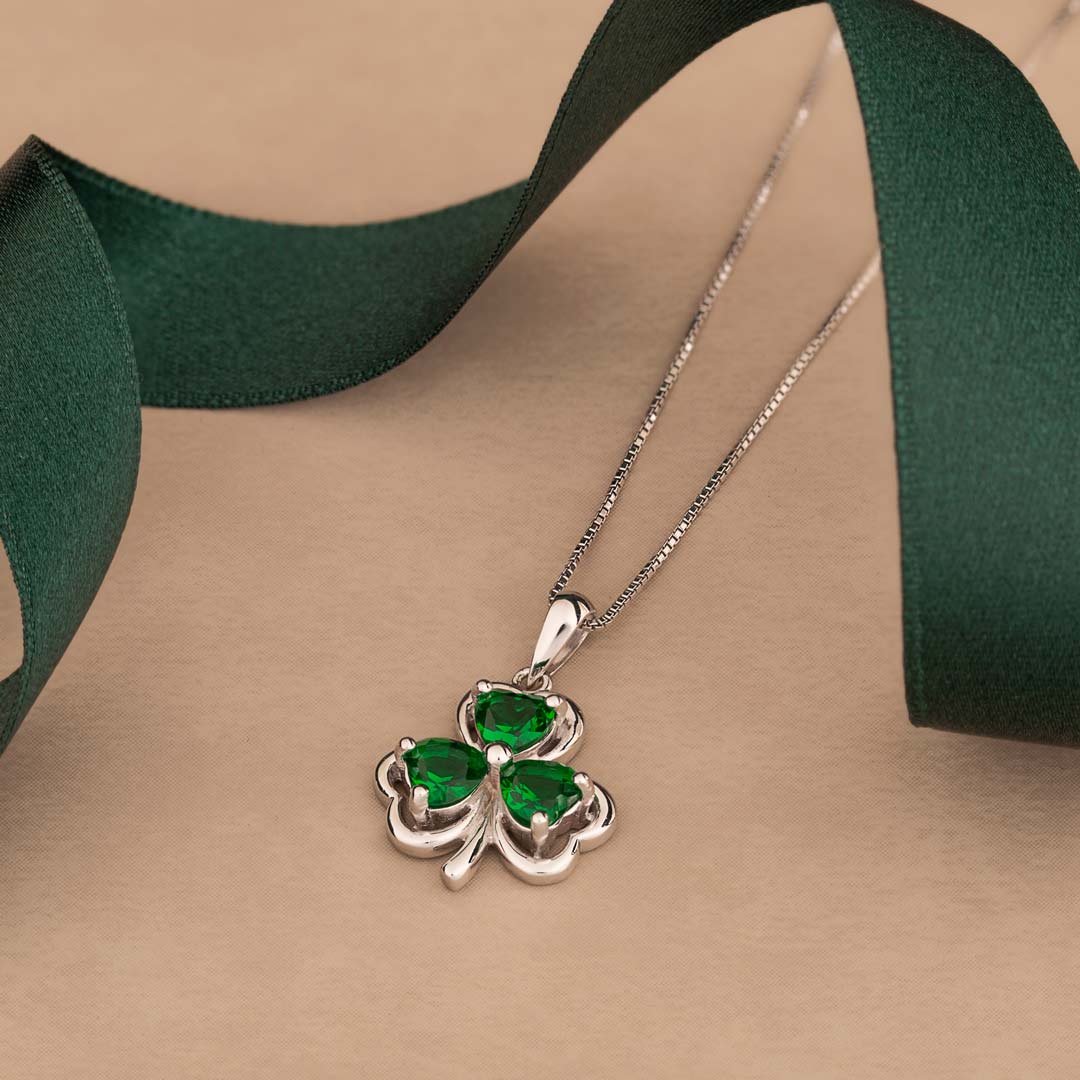 lifestyle image of green crystal shamrock pendant from Solvar