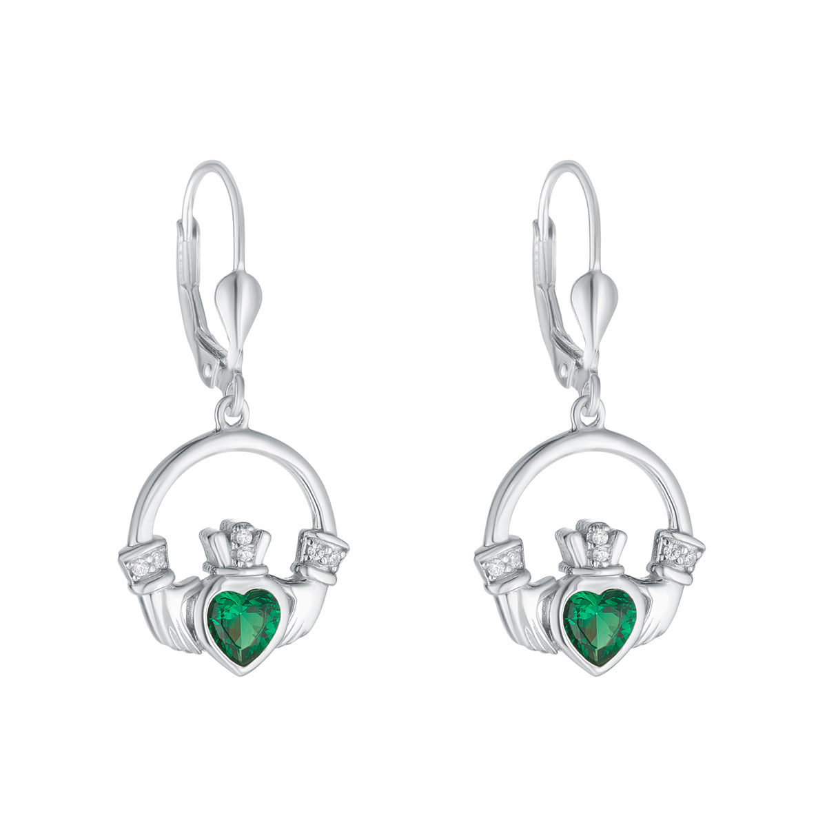 Stock image of Solvar Sterling Silver Large Green Cz Heart Claddagh Earrings S34175