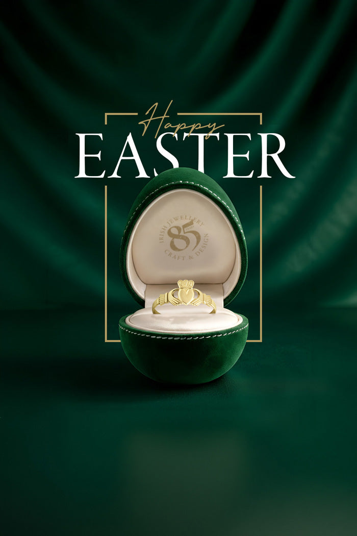 Easter egg with a claddagh ring inside on a green background with 'Happy Easter' text